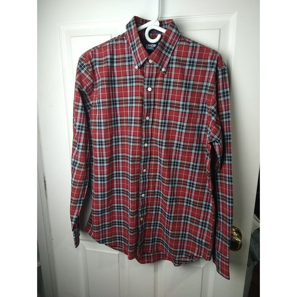 Lands End Men Red Black Plaid Long Sleeve Button Shirt. Size M